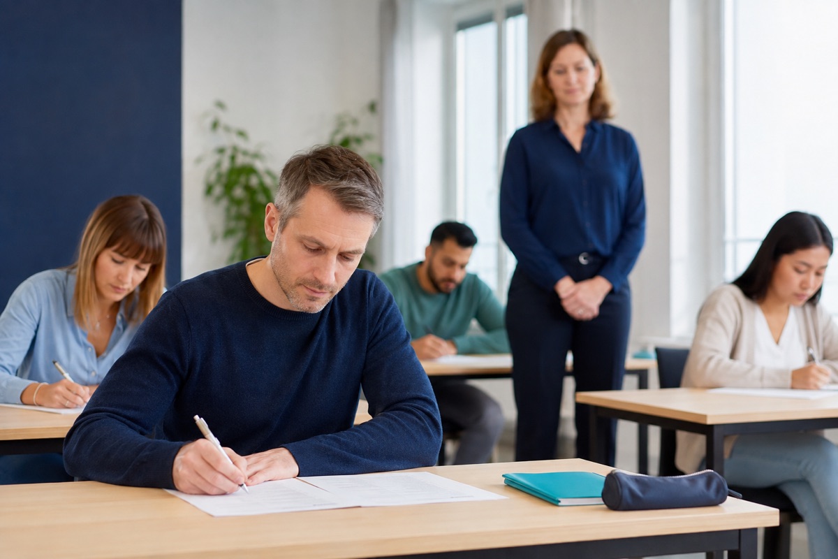 Teilnehmende in einer professionellen Deutschprüfung